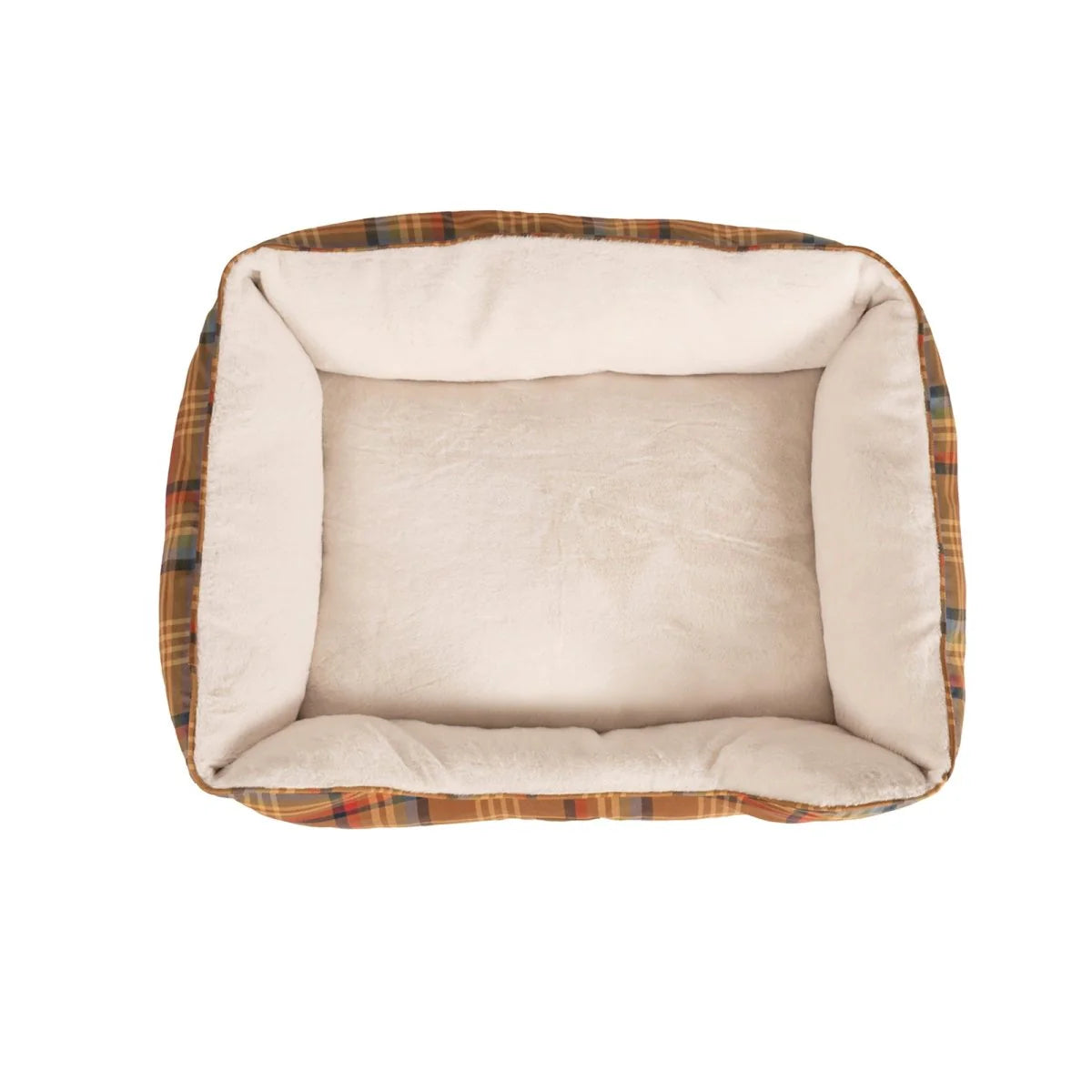 Rectangular pet bed with plaid border and beige interior on a white background