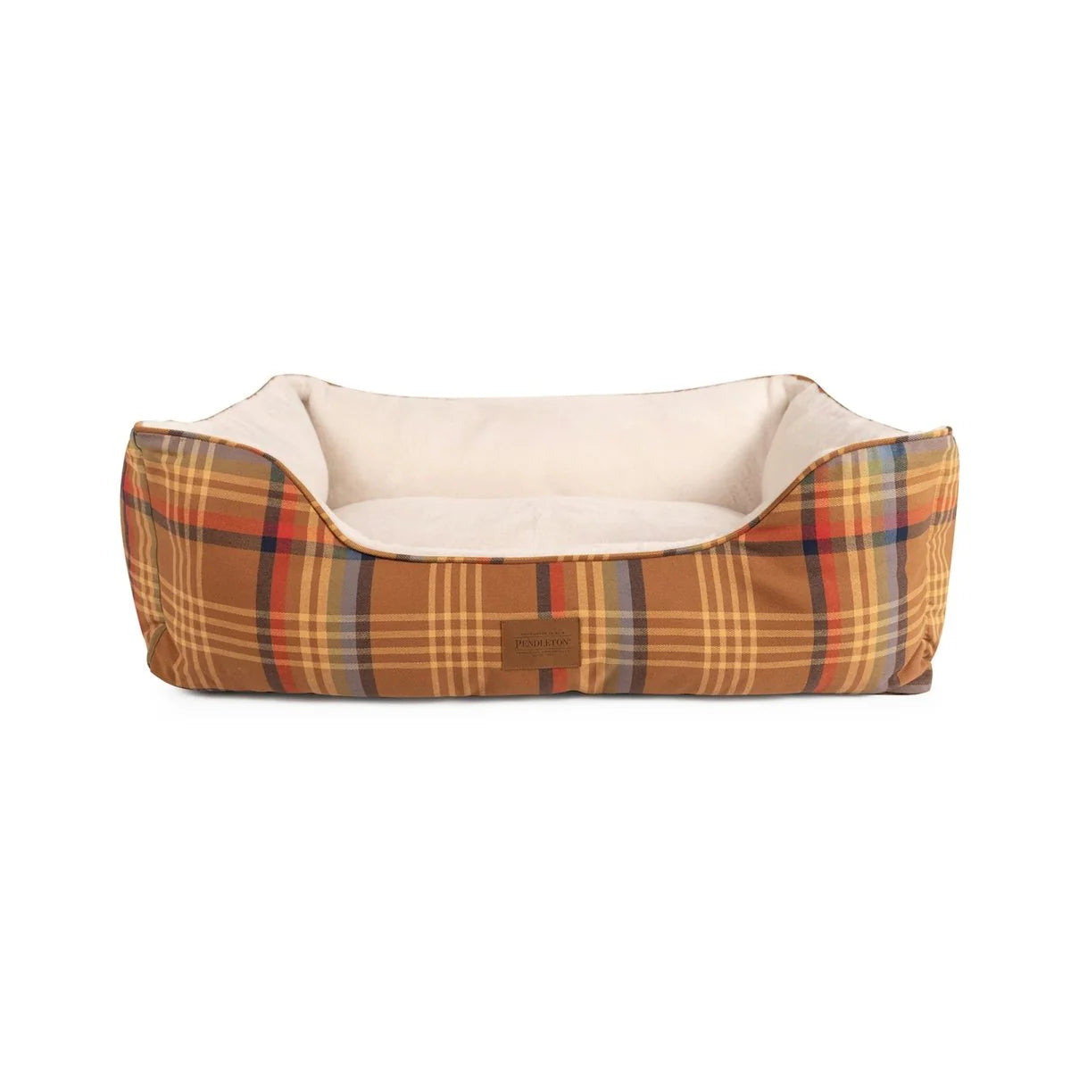 Plaid patterned pet bed with beige interior on a white background