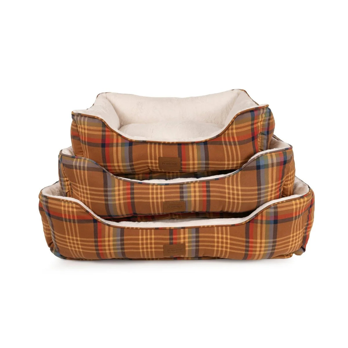Set of three plaid pet beds stacked on a white background