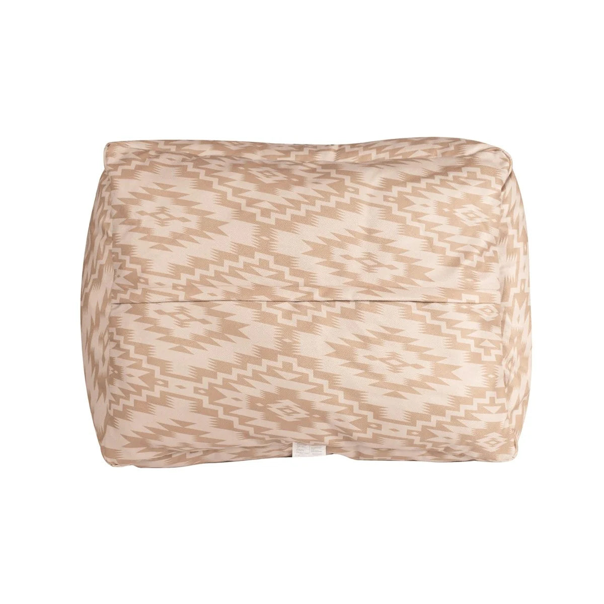 Beige and brown patterned cylindrical pillow on a white background