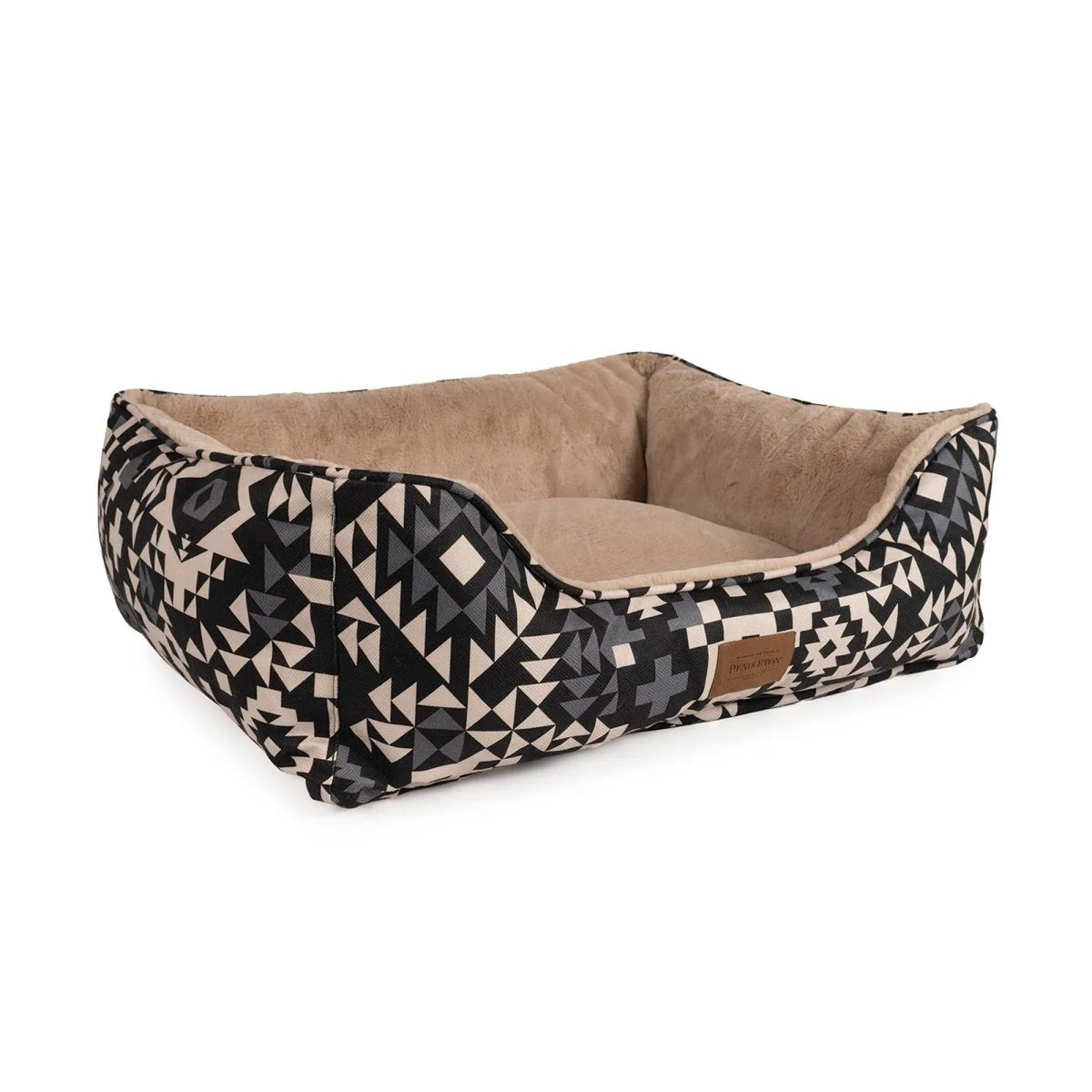 Patterned pet bed with geometric design on a white background