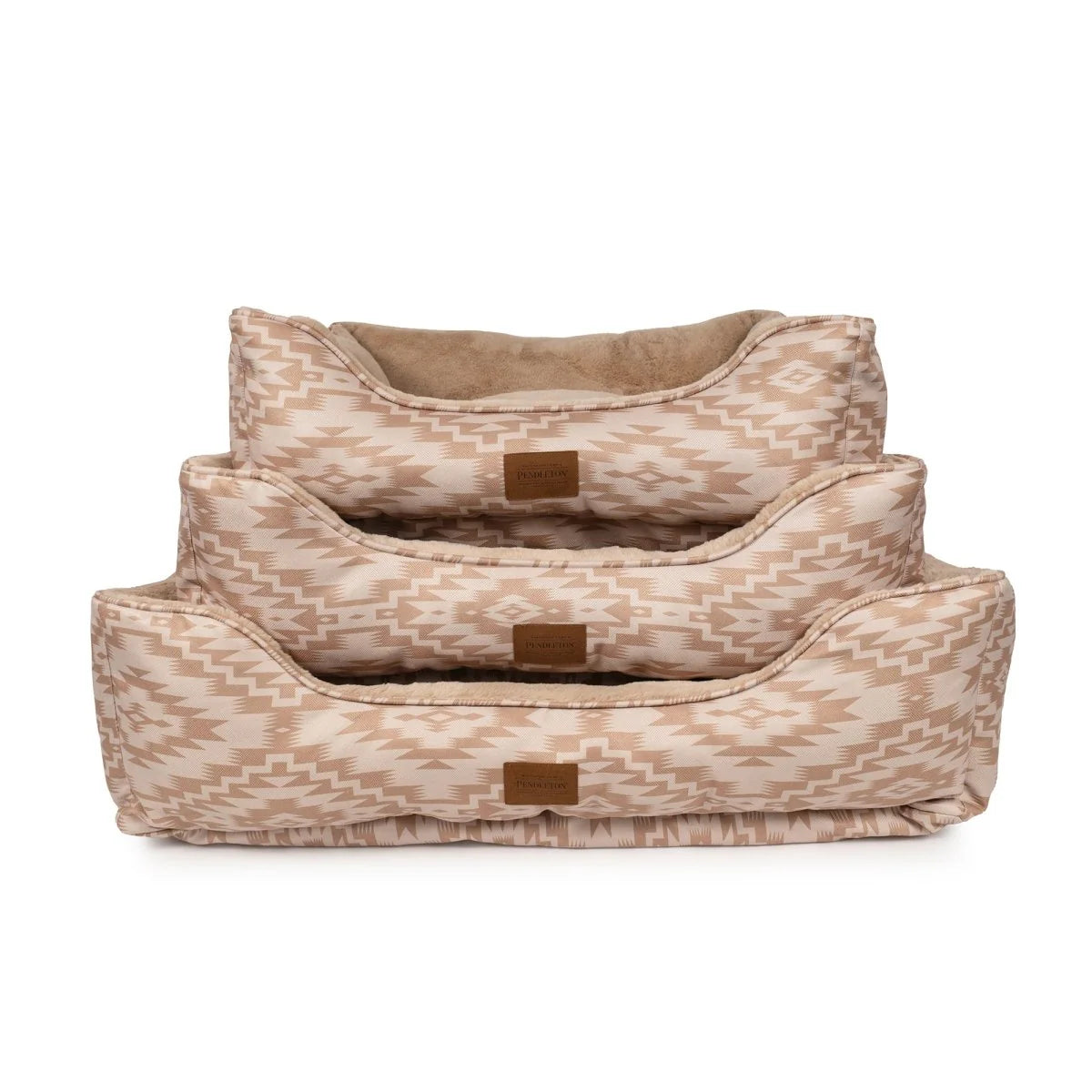Three pet beds with a beige pattern on a white background
