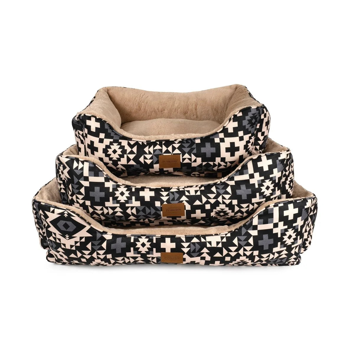 Set of three patterned pet beds on a white background