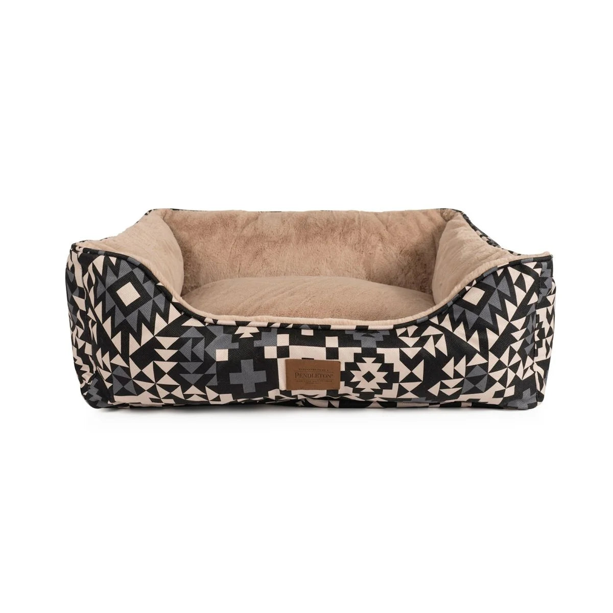 Dog bed with geometric pattern on a white background