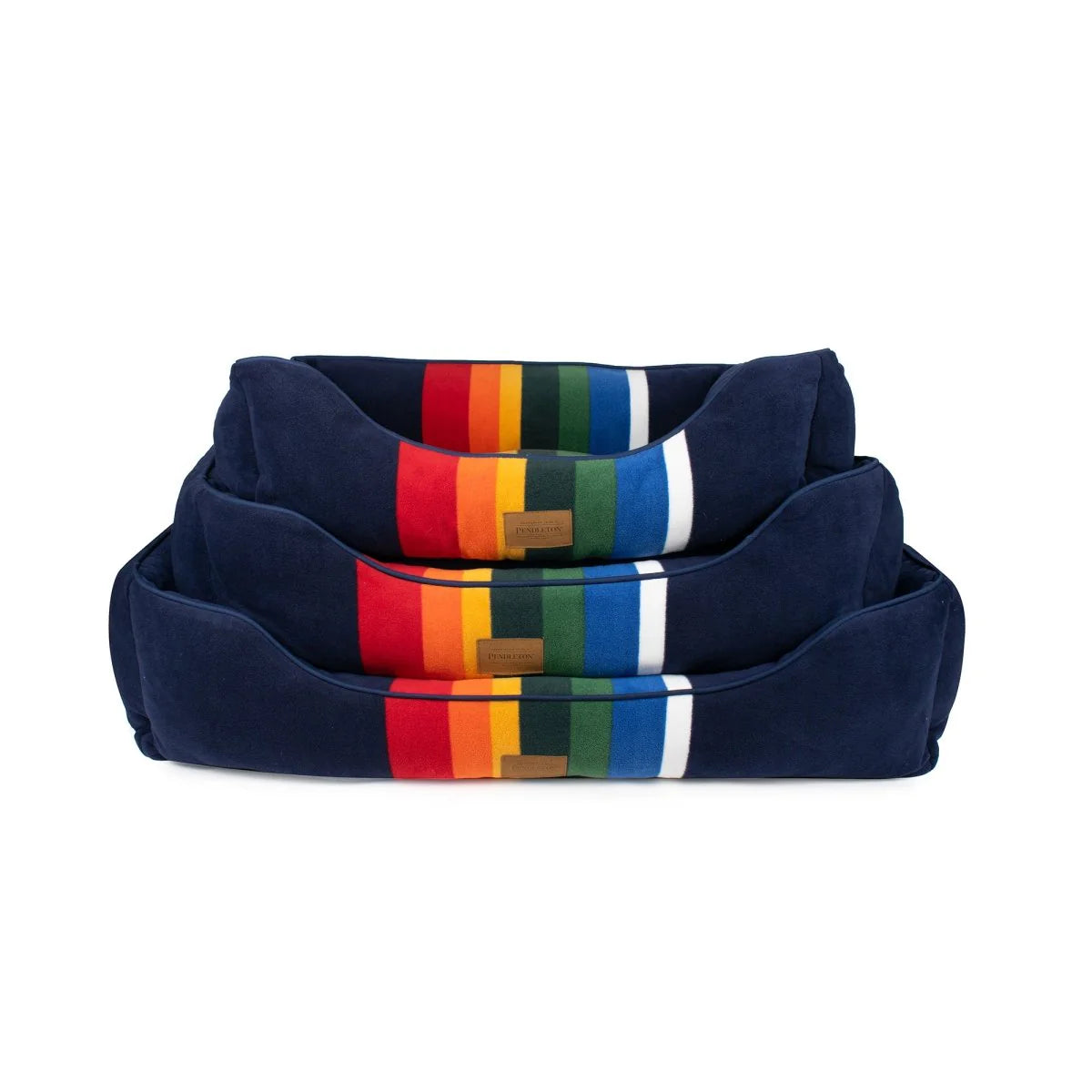 Navy dog collar with colorful stripes on a white background