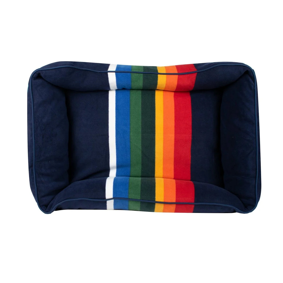 Navy pet bed with rainbow striped top