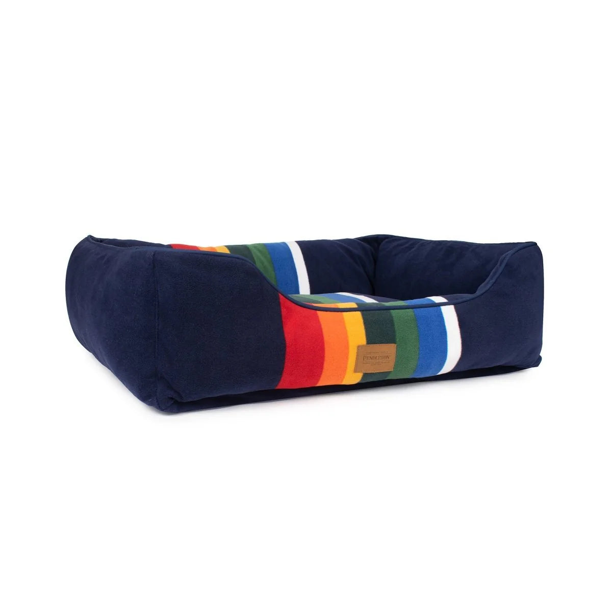 Navy blue pet bed with a colorful striped pattern on a white background