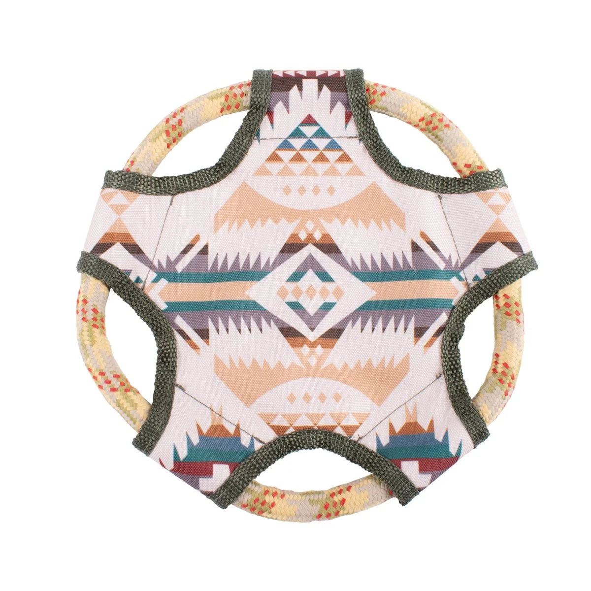 Pet disc toy with geometric pattern on a white background