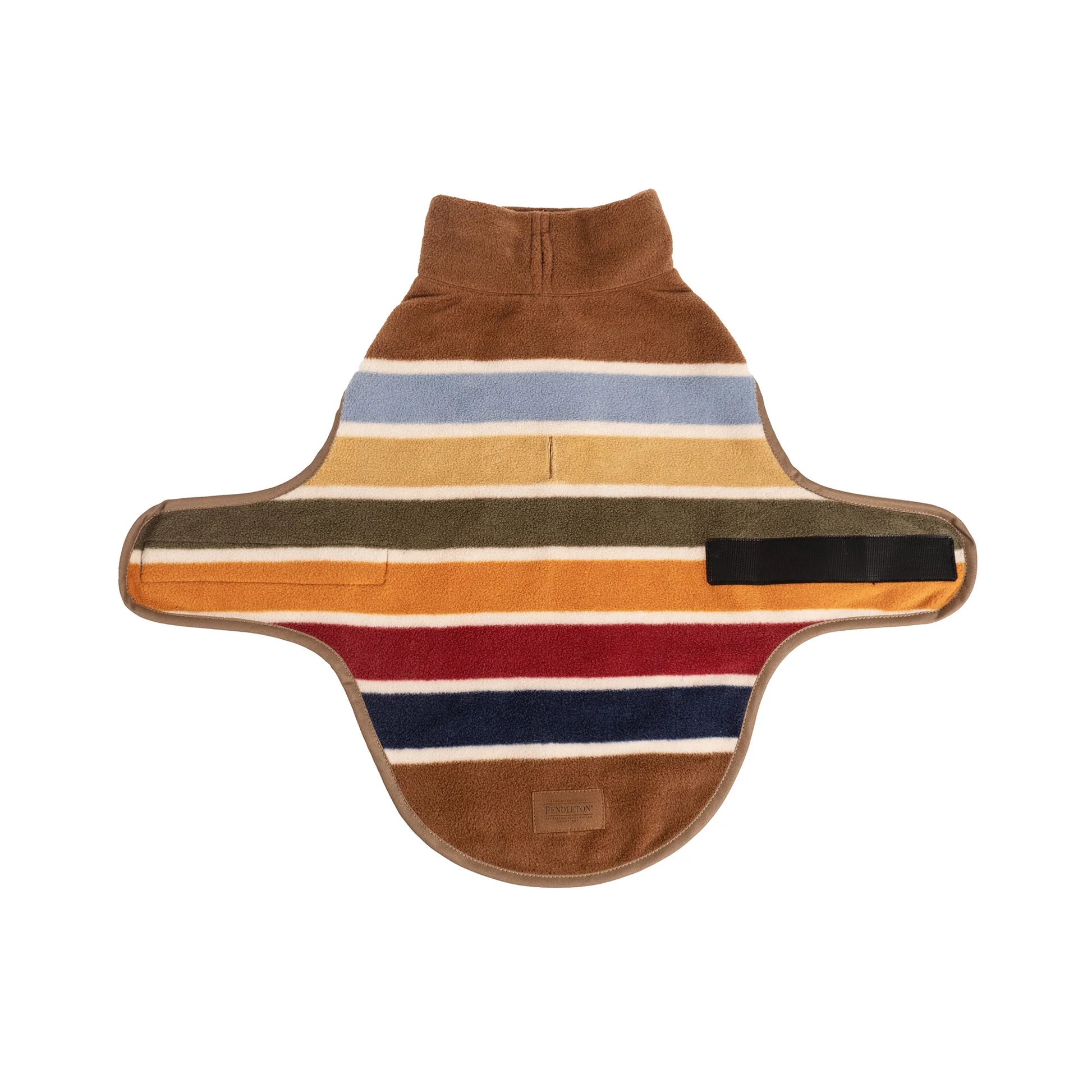 Striped dog coat with brown, orange, and blue pattern on a white background