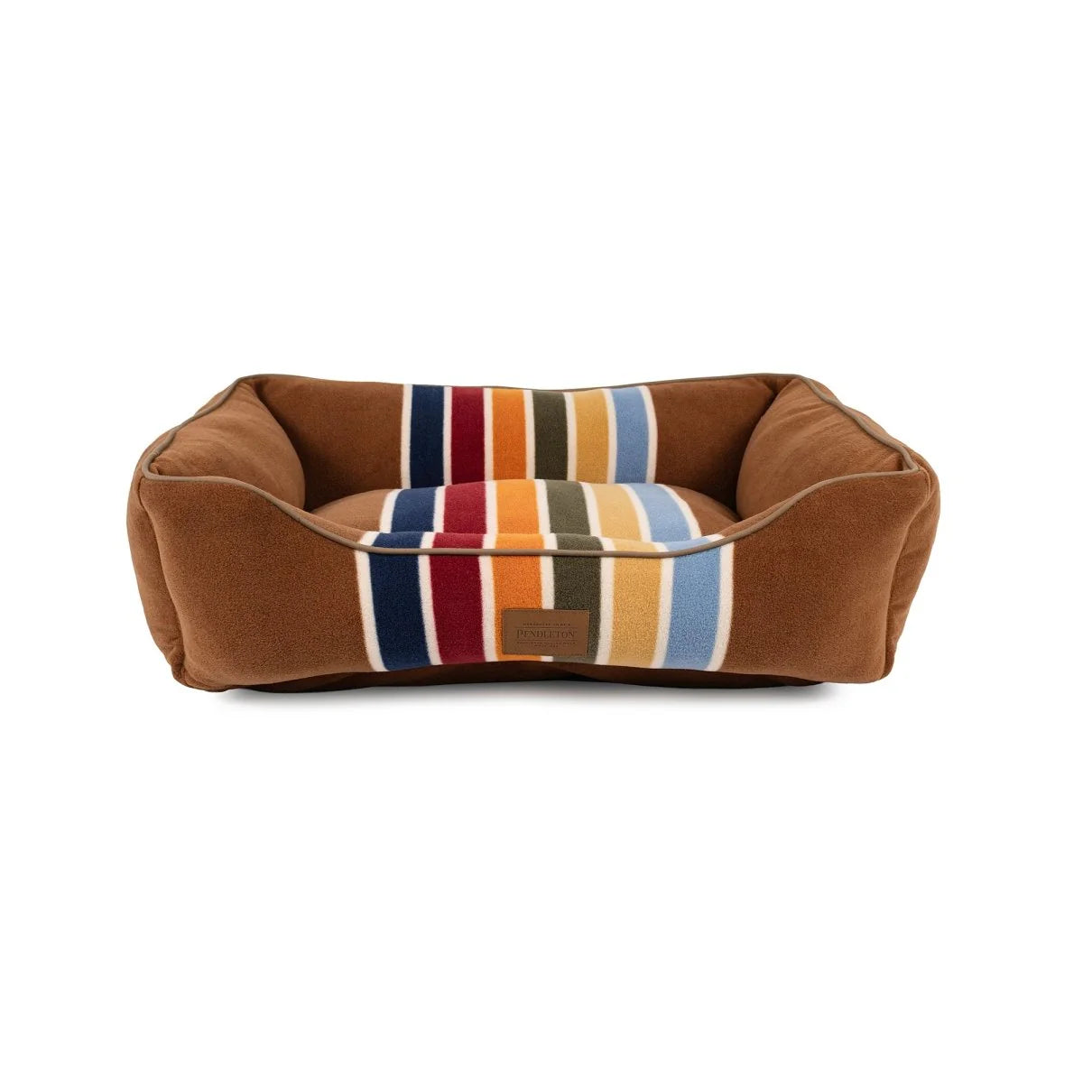 Brown pet bed with a colorful striped pattern on a white background