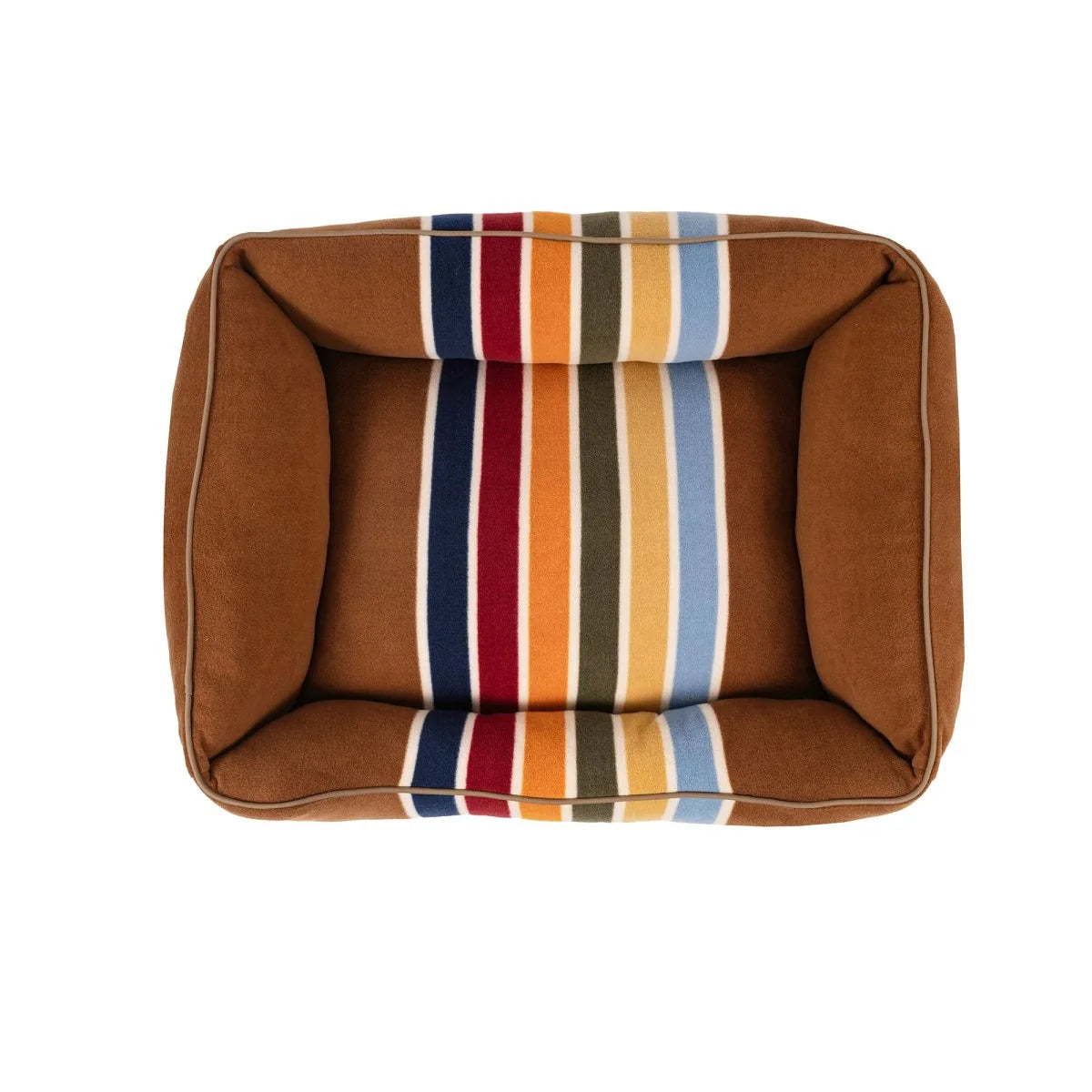 Brown pet bed with a colorful striped cushion on a white background