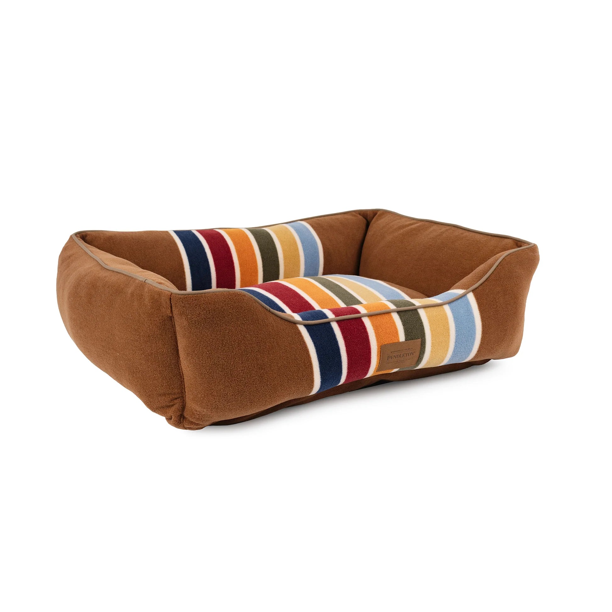 Brown pet bed with multicolored striped cushion on a white background