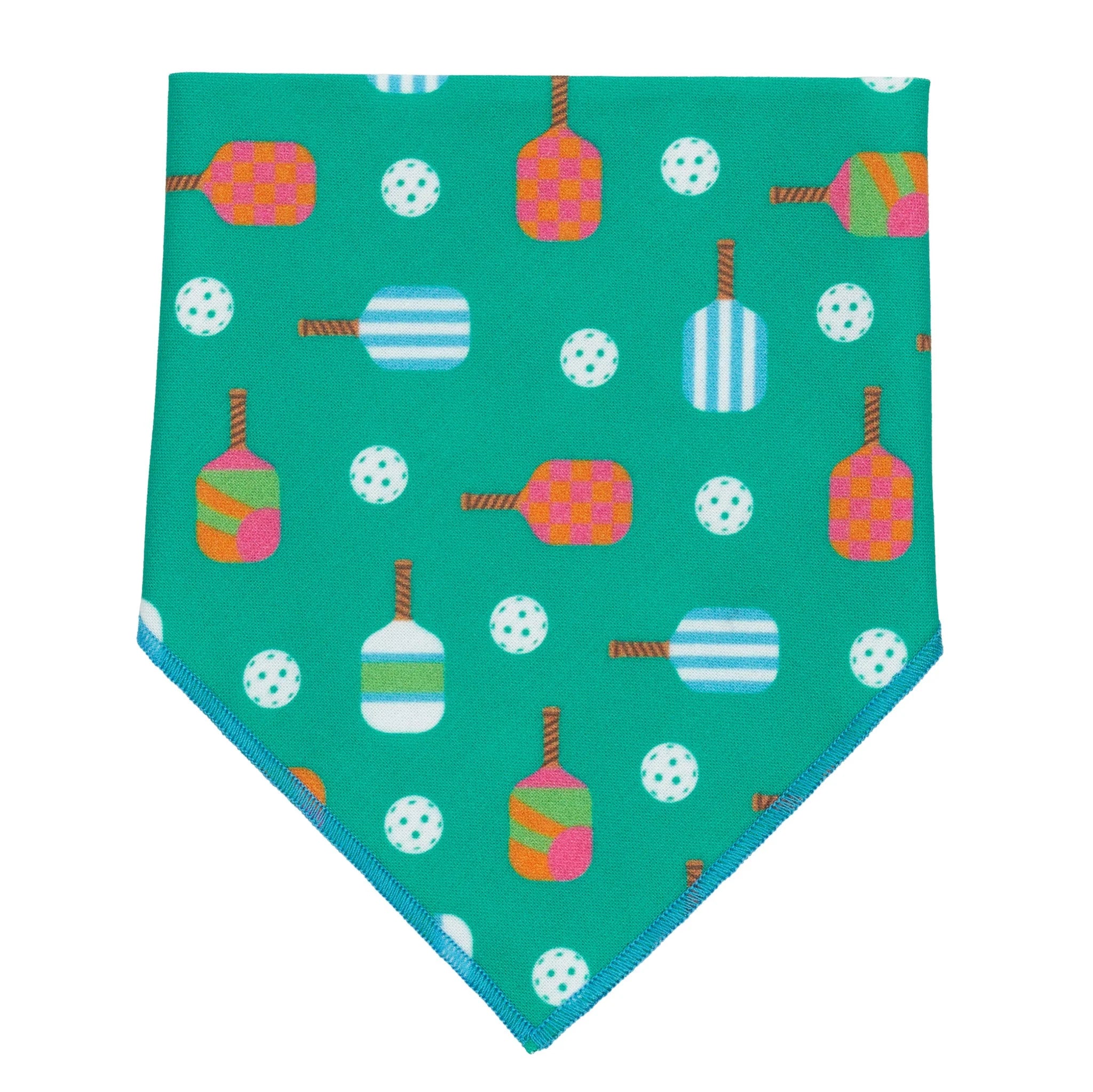 Teal bandana with colorful pattern on a white background