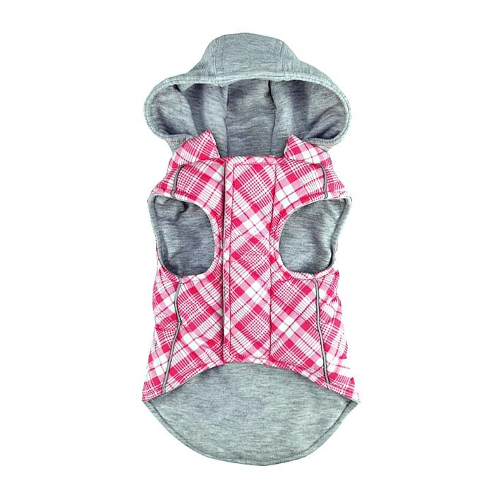 Dog hoodie with pink plaid pattern and gray accents on a white background