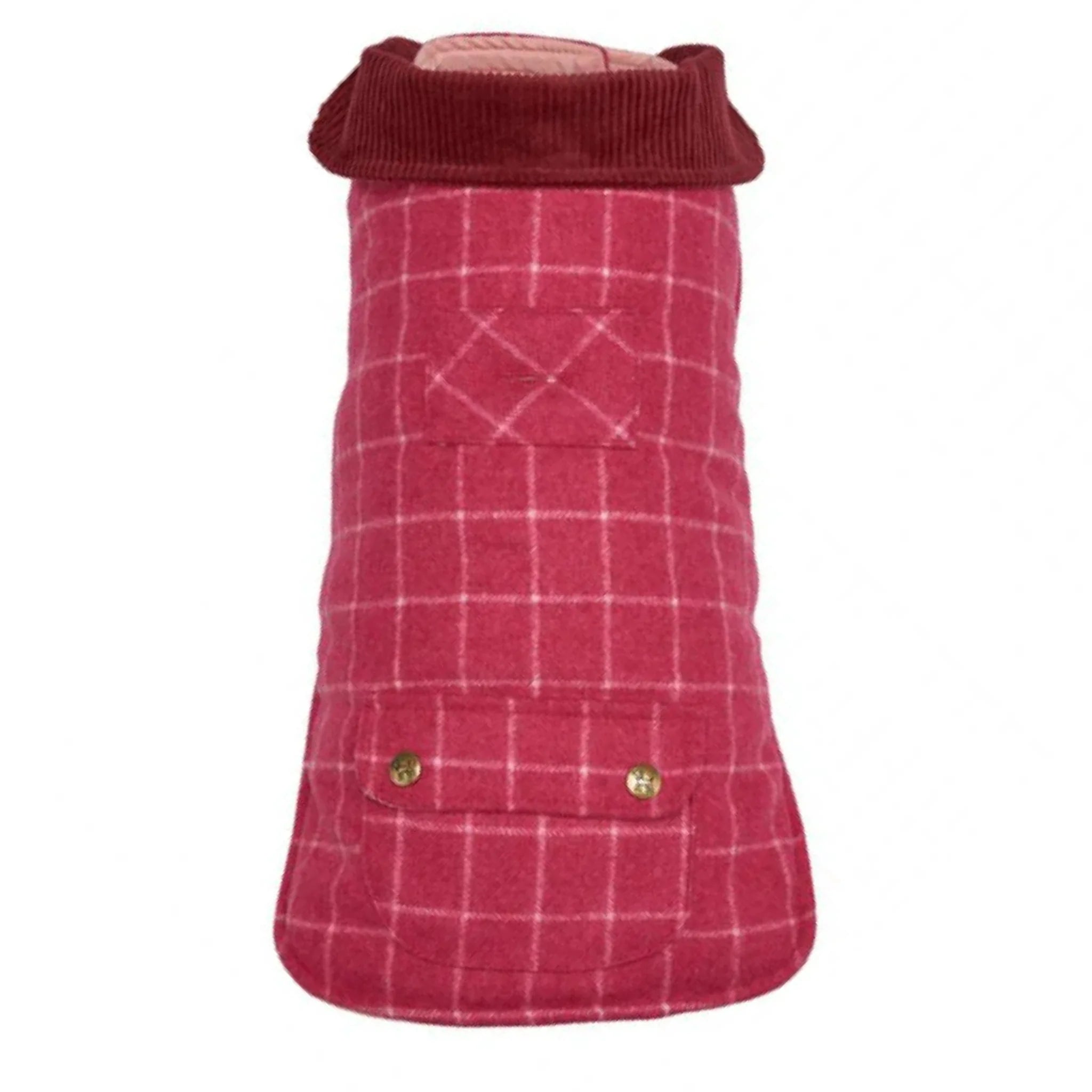 pink plaid dog coat with a hood on a white background