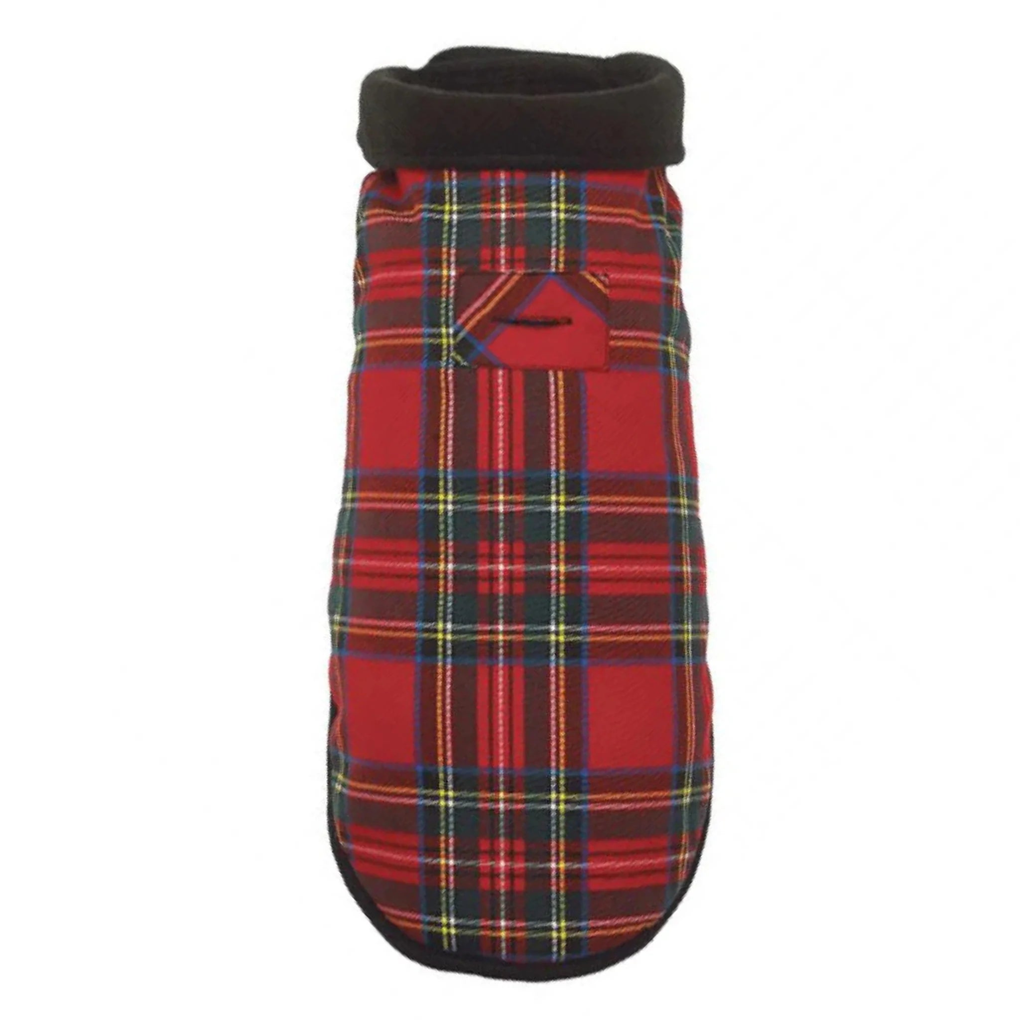 Red plaid dog coat on a white background