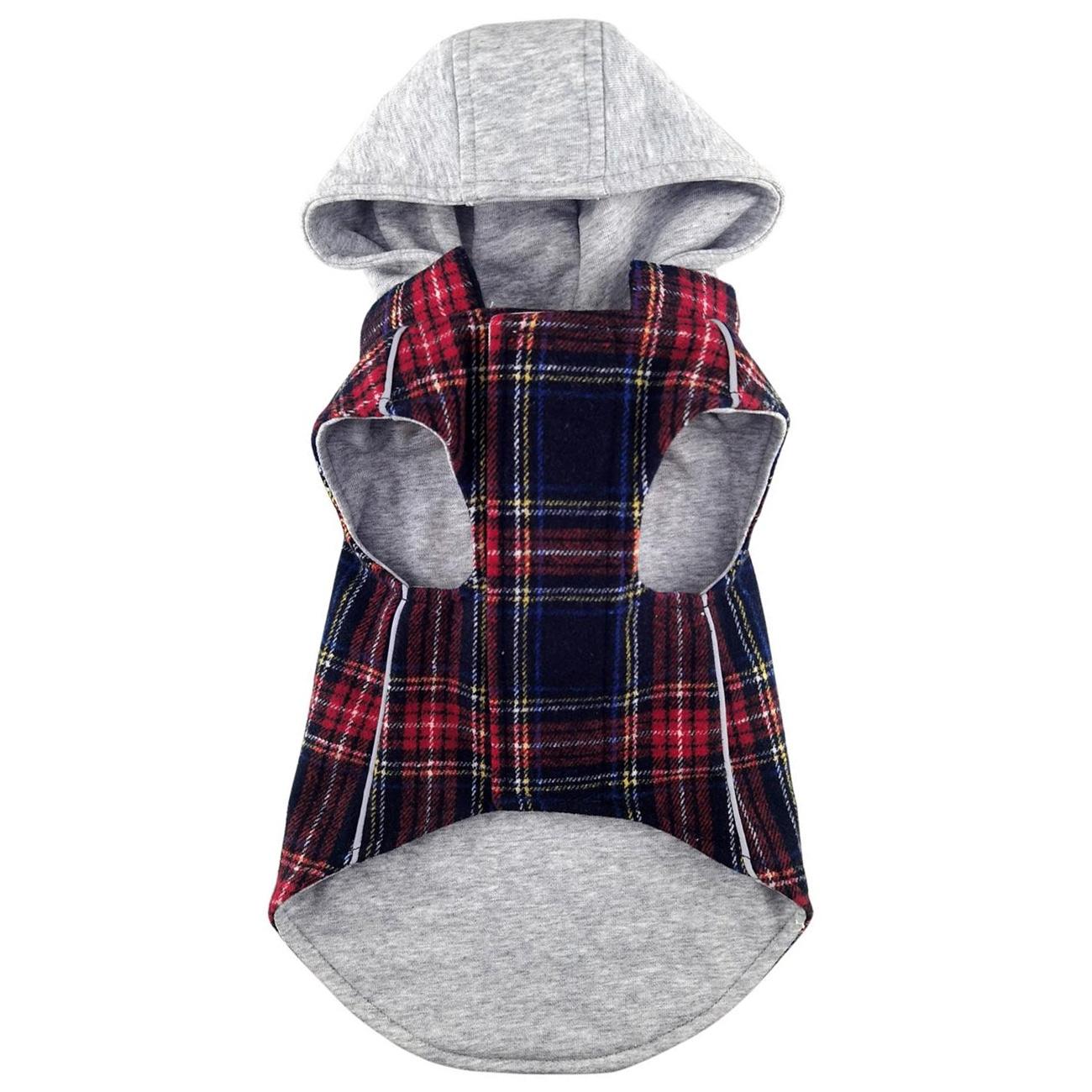 Plaid dog coat with gray hood and trim on a white background