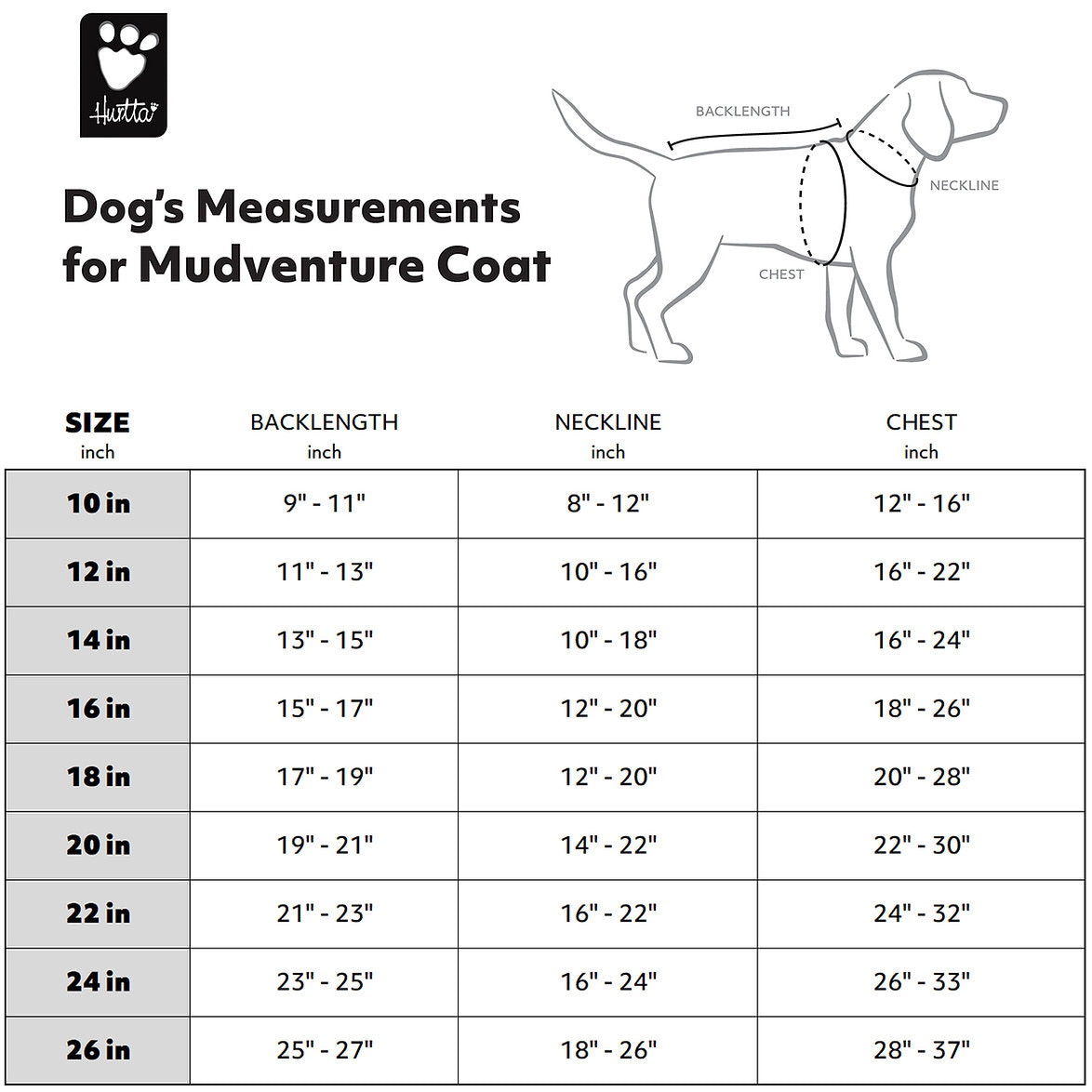 Measurement chart for a dog's Mudventure coat with size chart and diagram of a dog.