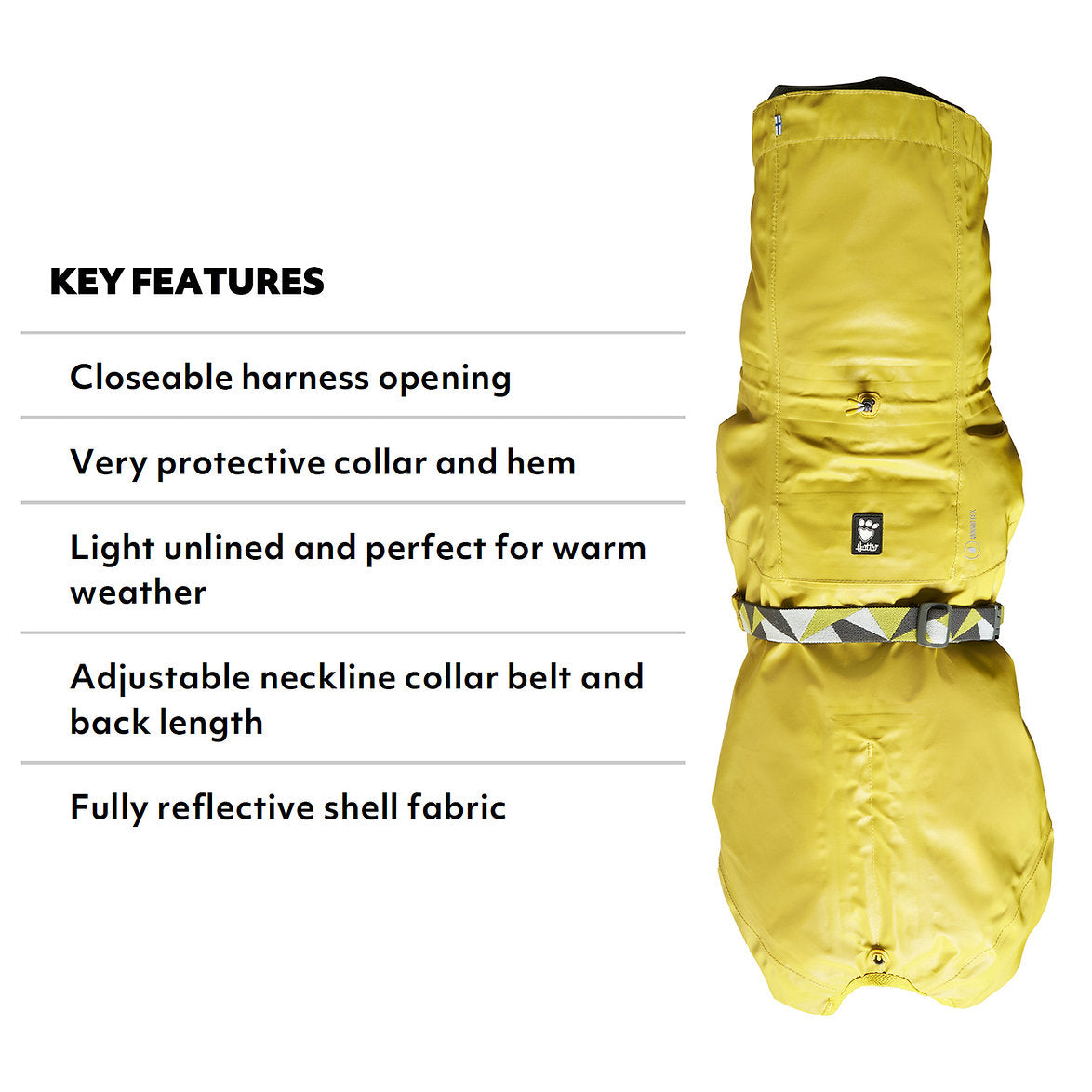 Yellow dog coat with key features listed on a white background