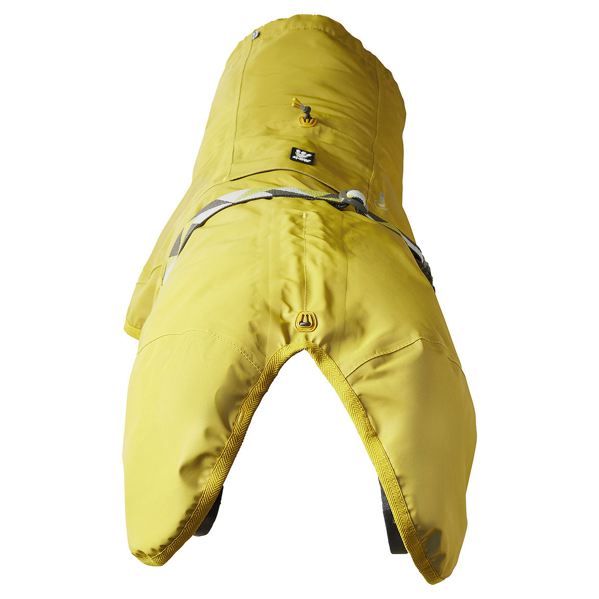 Yellow snow pants with a hood on a white background