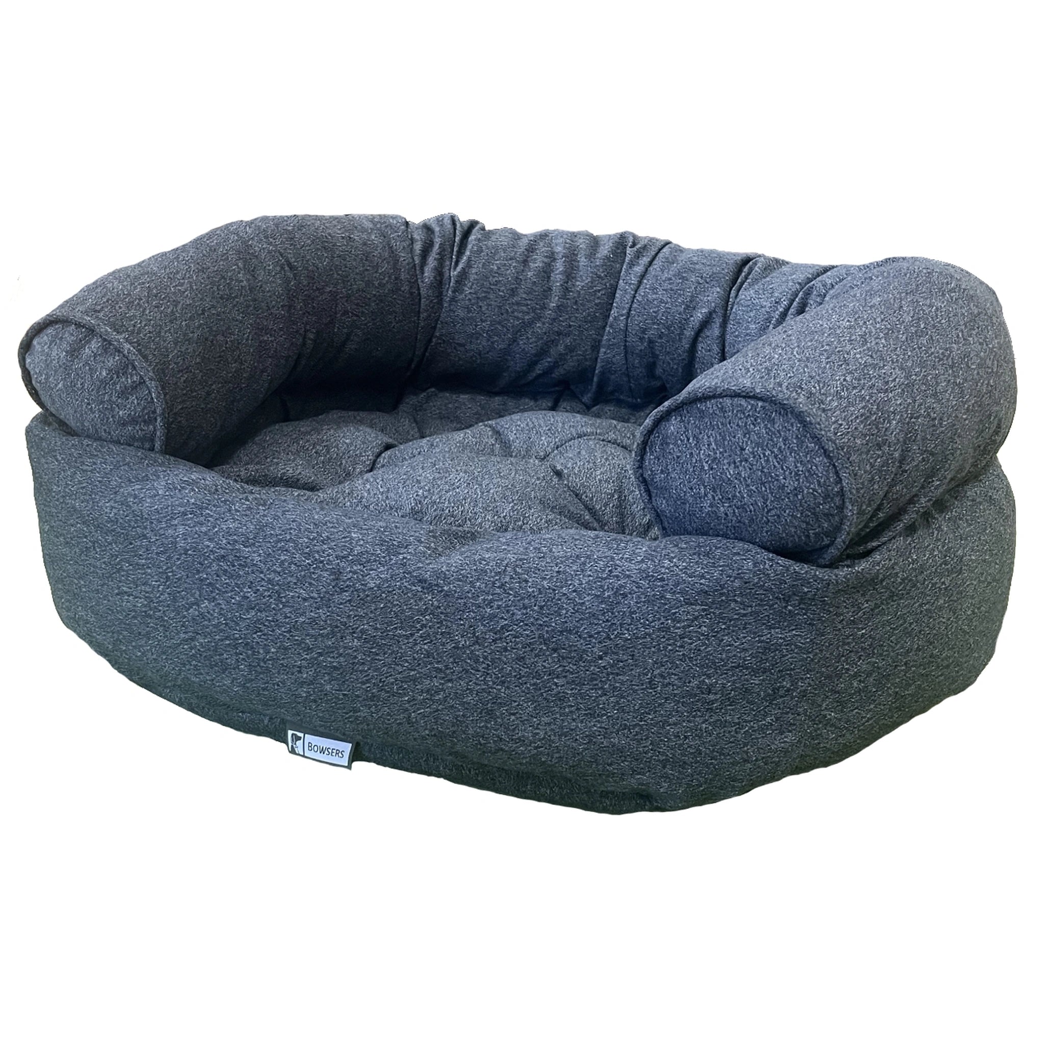 Gray pet bed with a visible brand logo on a white background