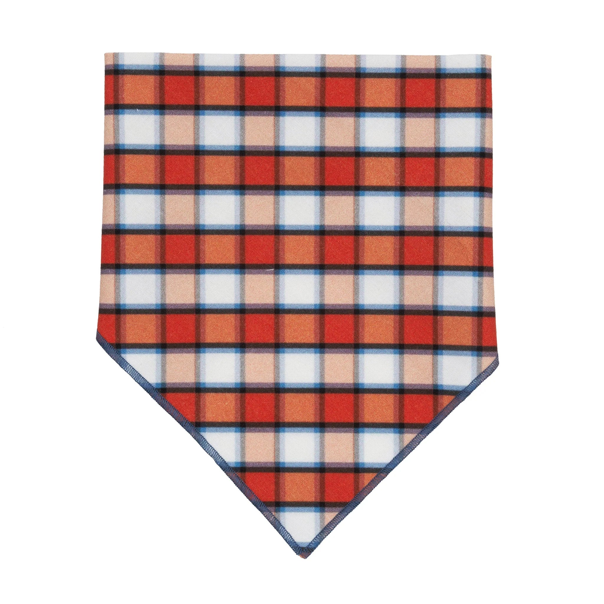 Plaid patterned bandana with red, blue, and beige colors on a white background