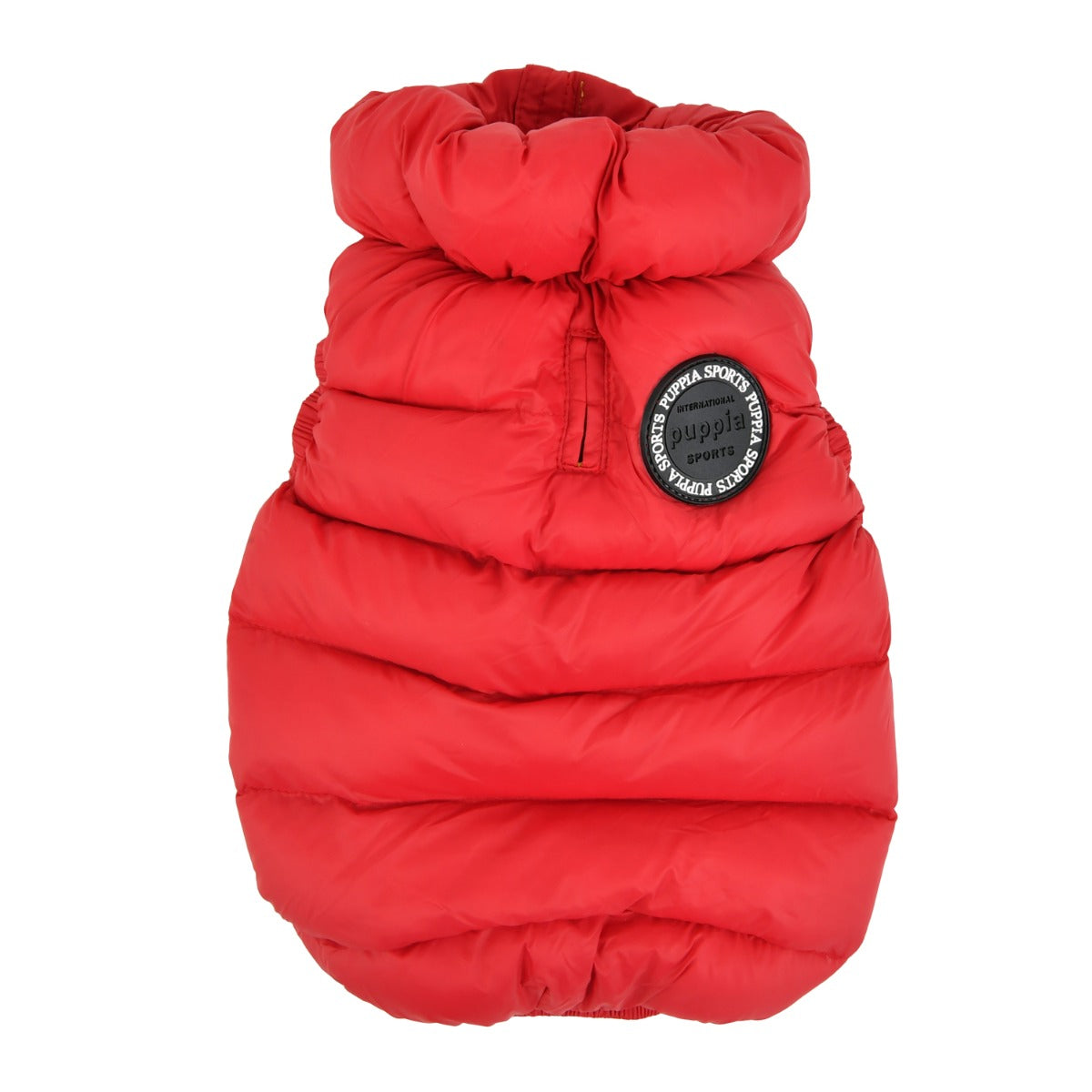 Red puffer dog coat with a brand logo on a white background