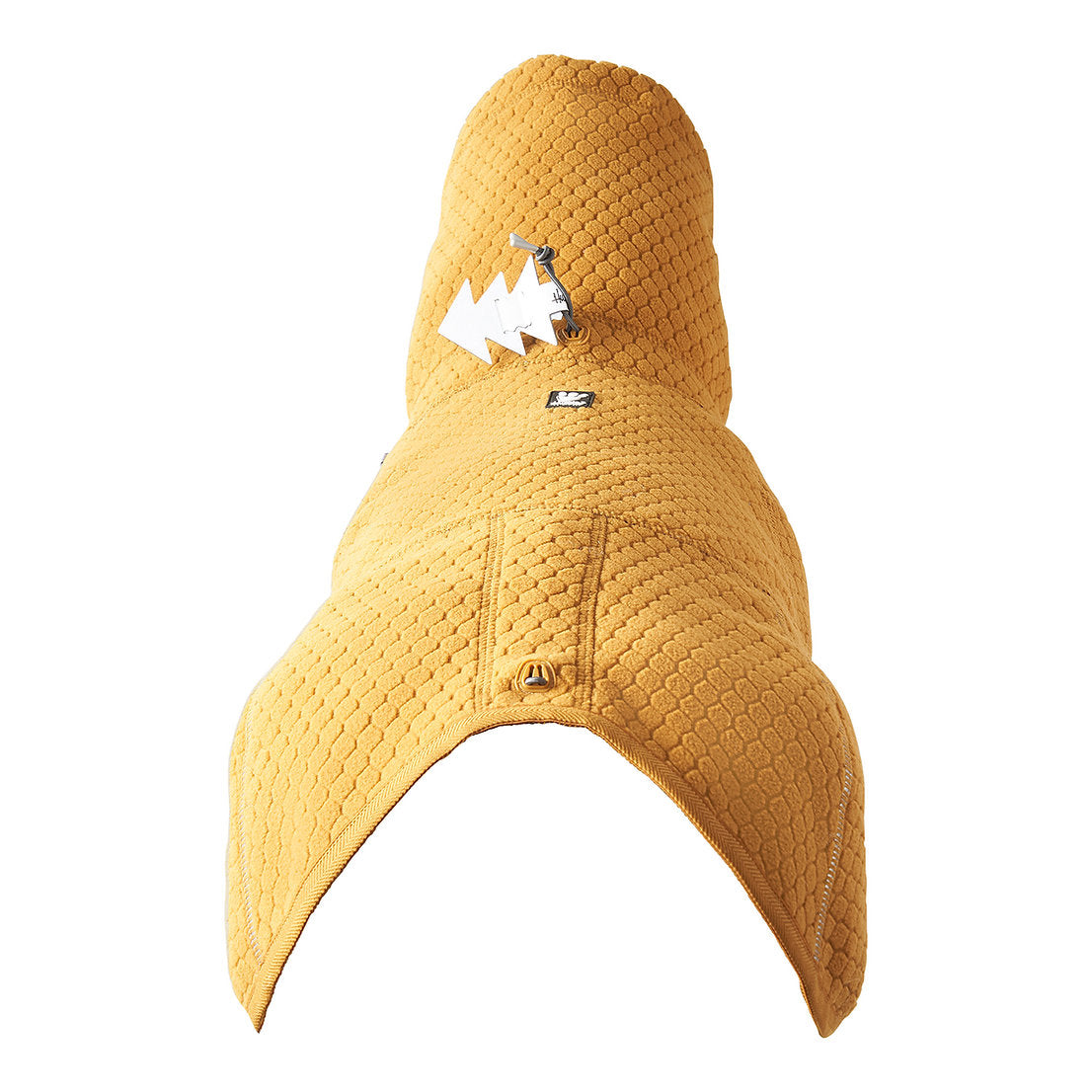 Yellow hooded jacket with a mountain logo on a white background