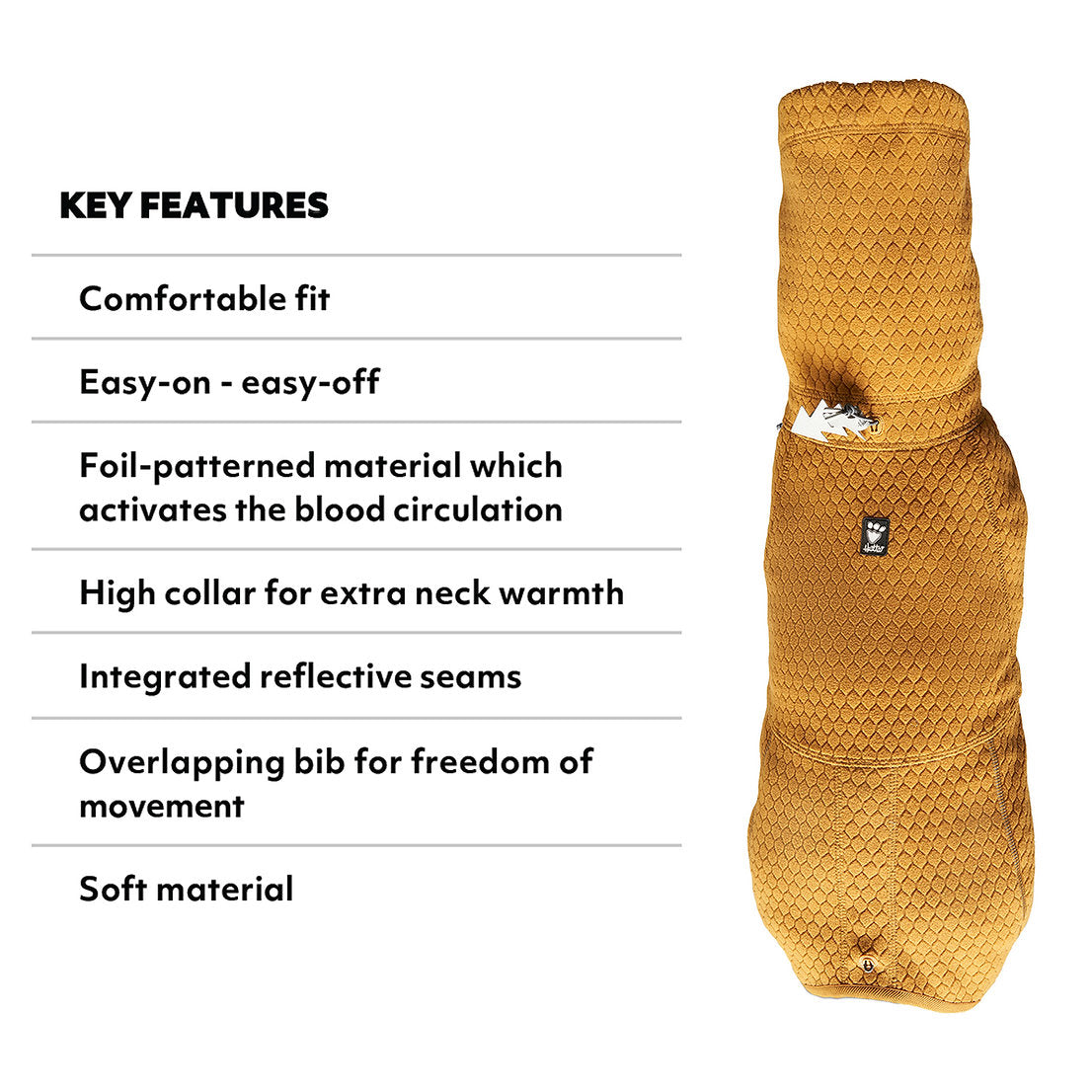 Dog coat with key features listed on a white background