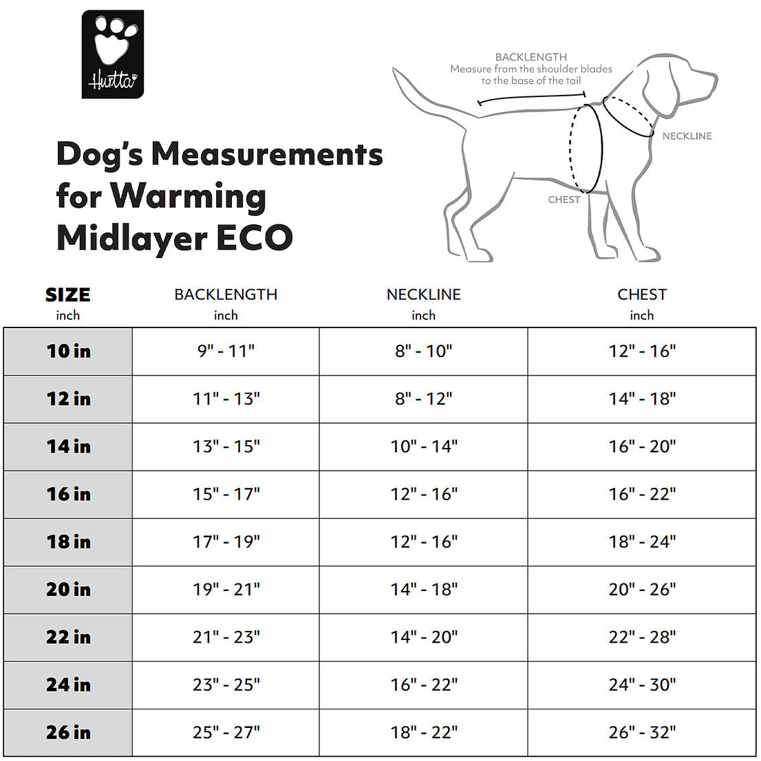 Measurement chart for dog's measurements for Warming Midlayer ECO with a HUNTER logo.