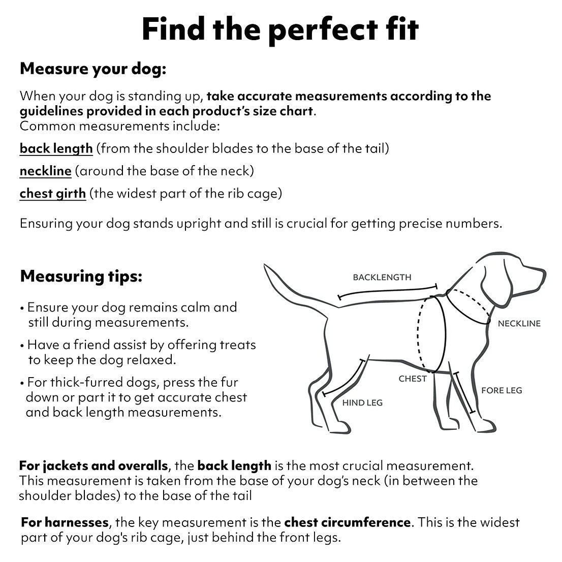Instructions for measuring a dog to find the perfect fit with measurements and diagram.