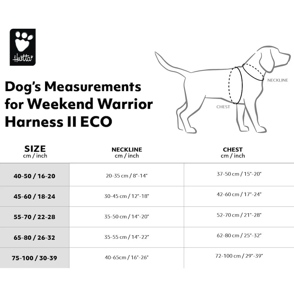 Measurement chart for Weekend Warrior Harness II ECO with a dog illustration and Hukka brand logo.