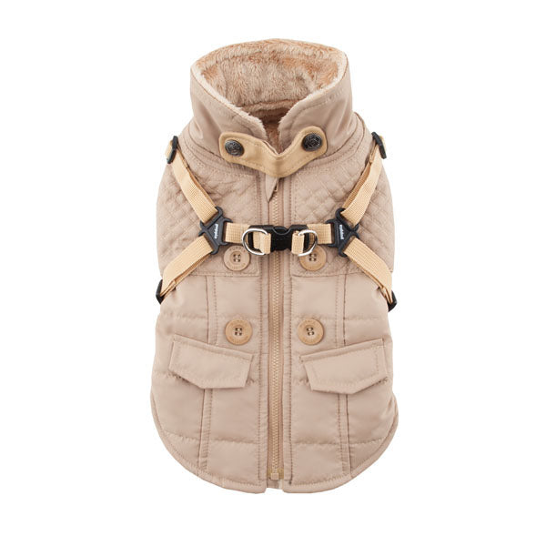 Beige quilted dog vest with harness on a white background