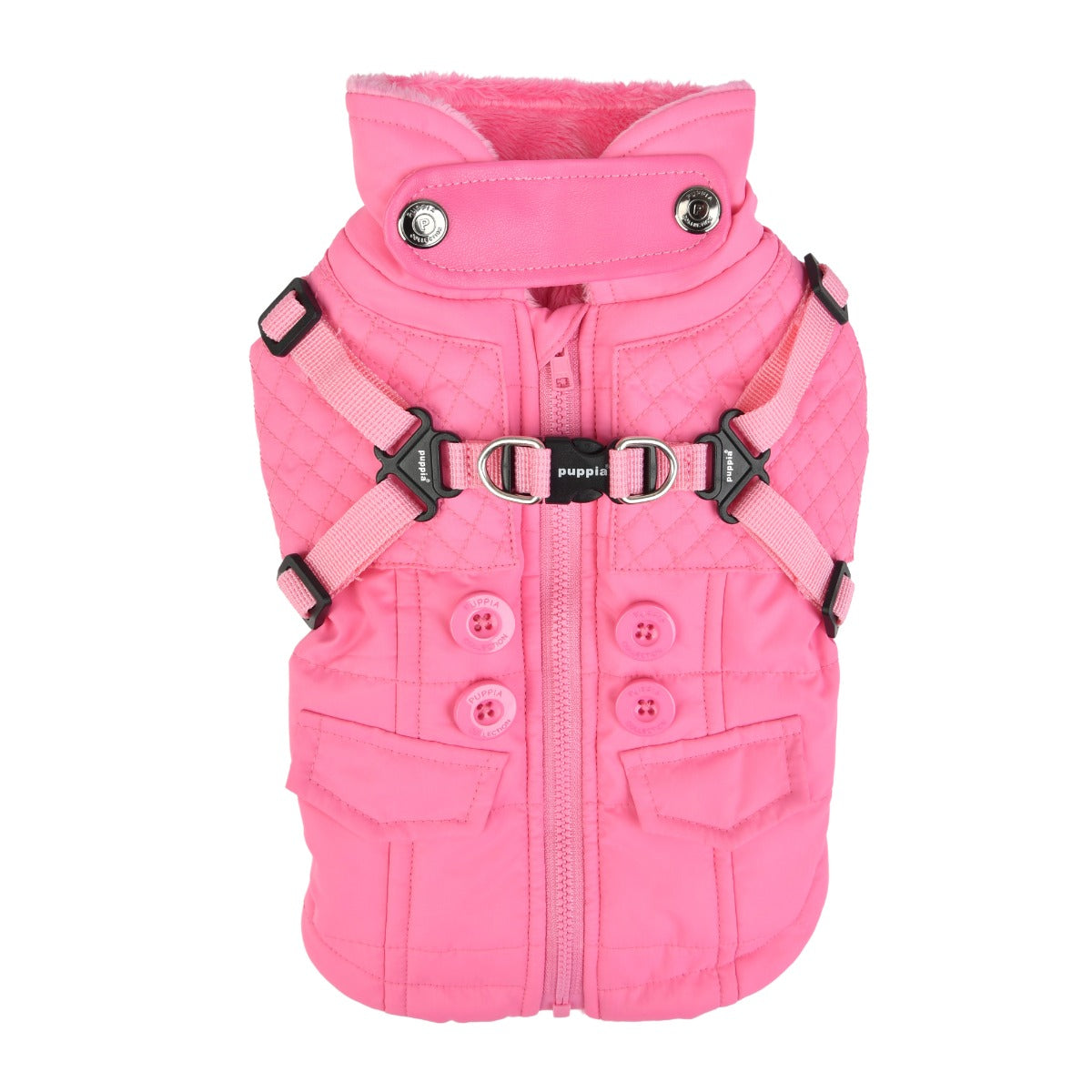 Pink dog coat with harness on a white background