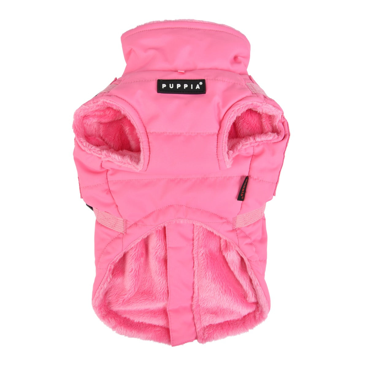 Pink dog harness with a hood on a white background