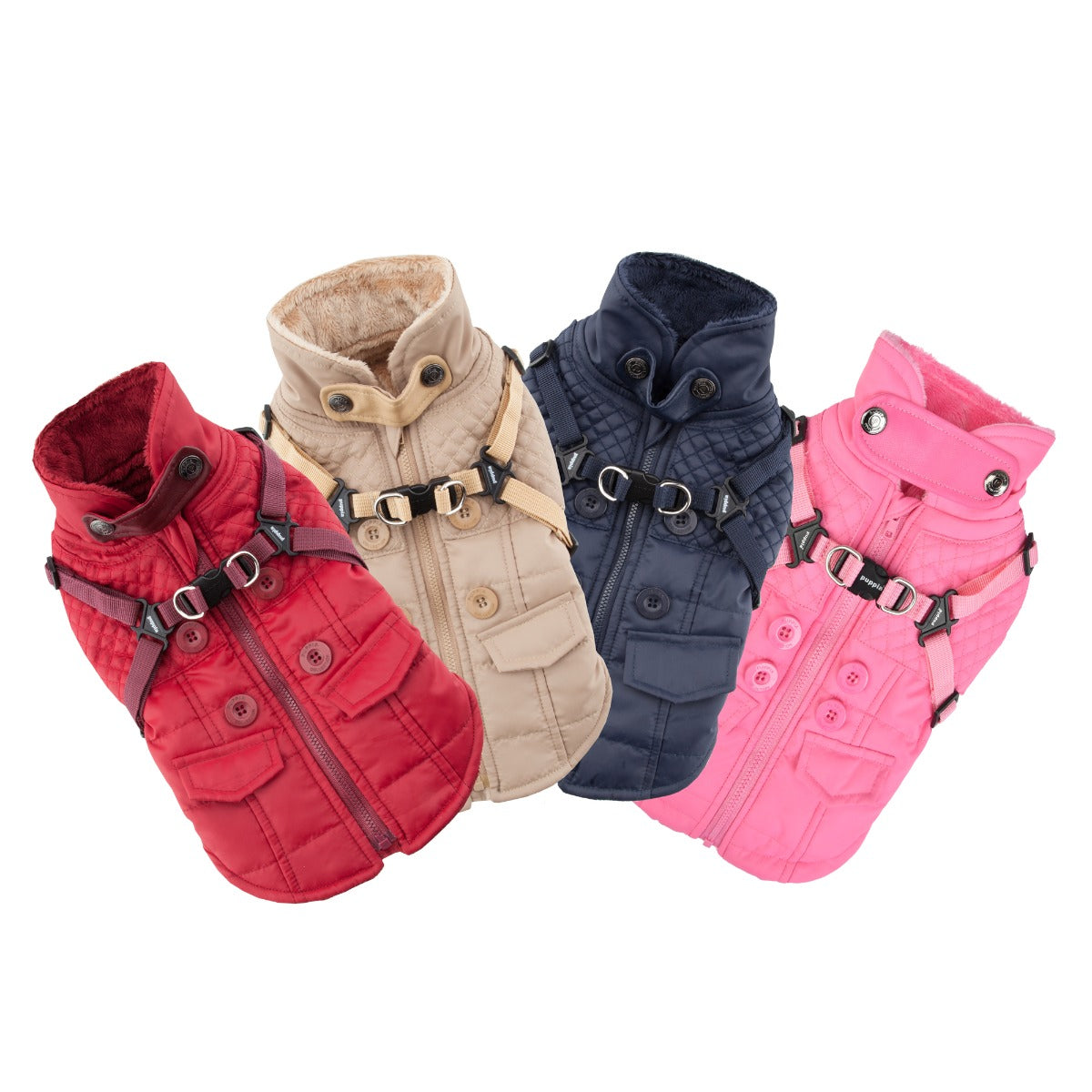 Four dog vests in red, beige, navy, and pink on a white background