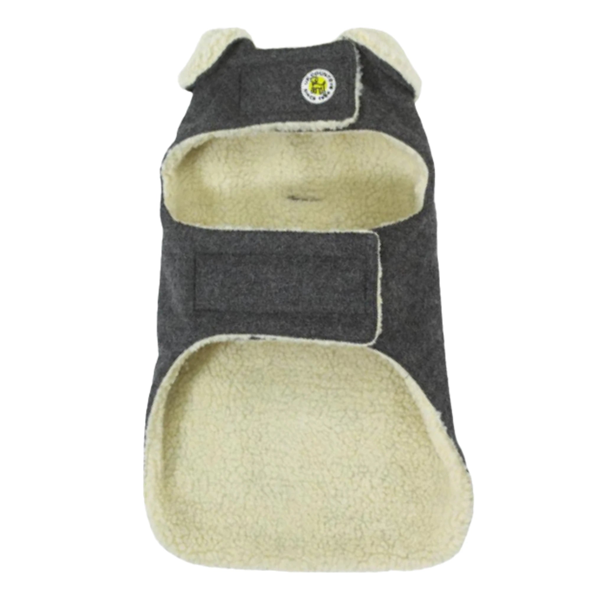 Dog coat with gray exterior and beige interior on a white background