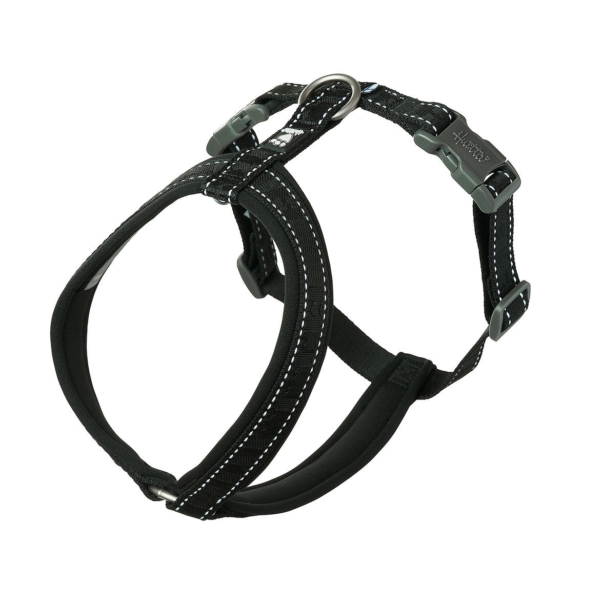 Black dog harness with white stitching on a white background