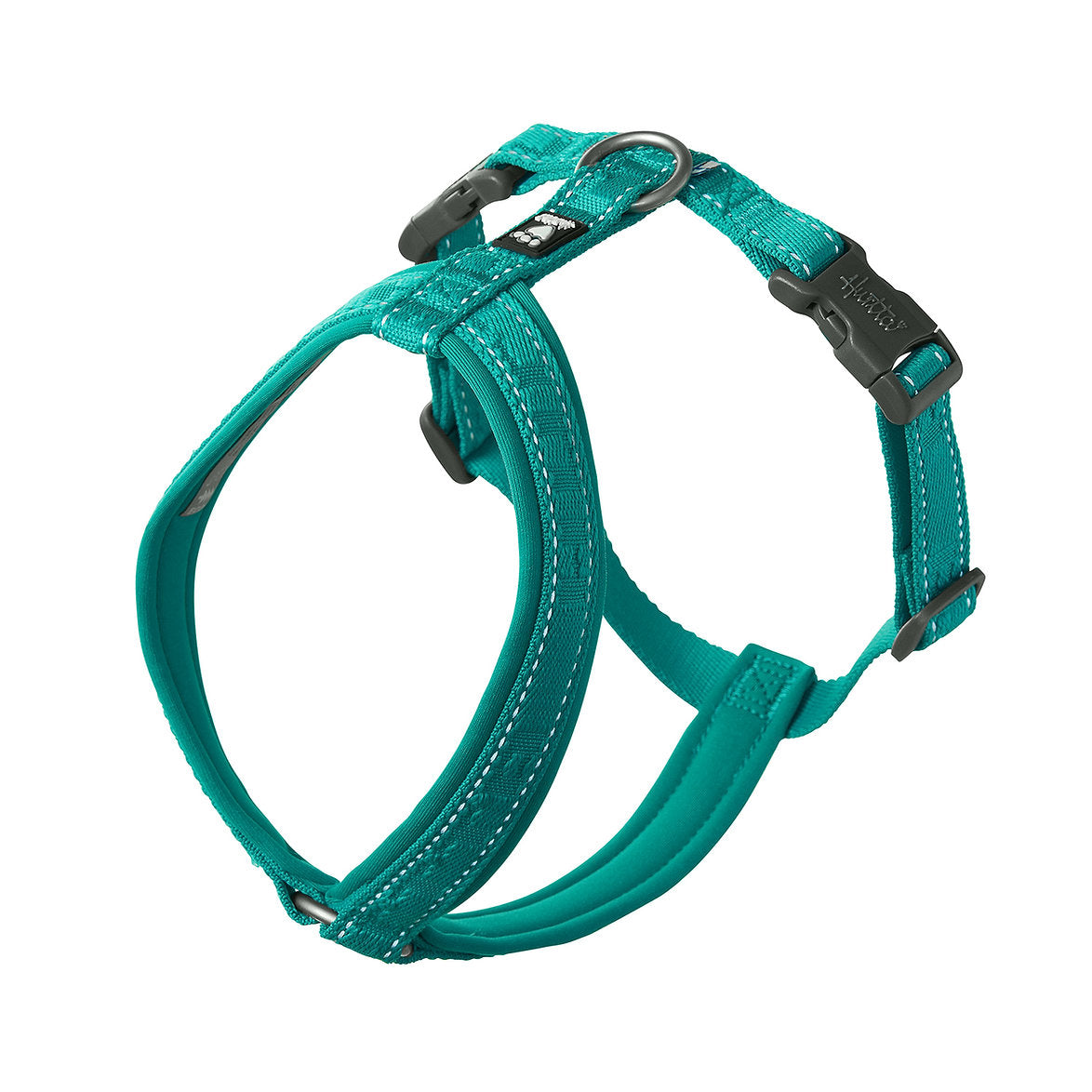Teal dog harness on a white background
