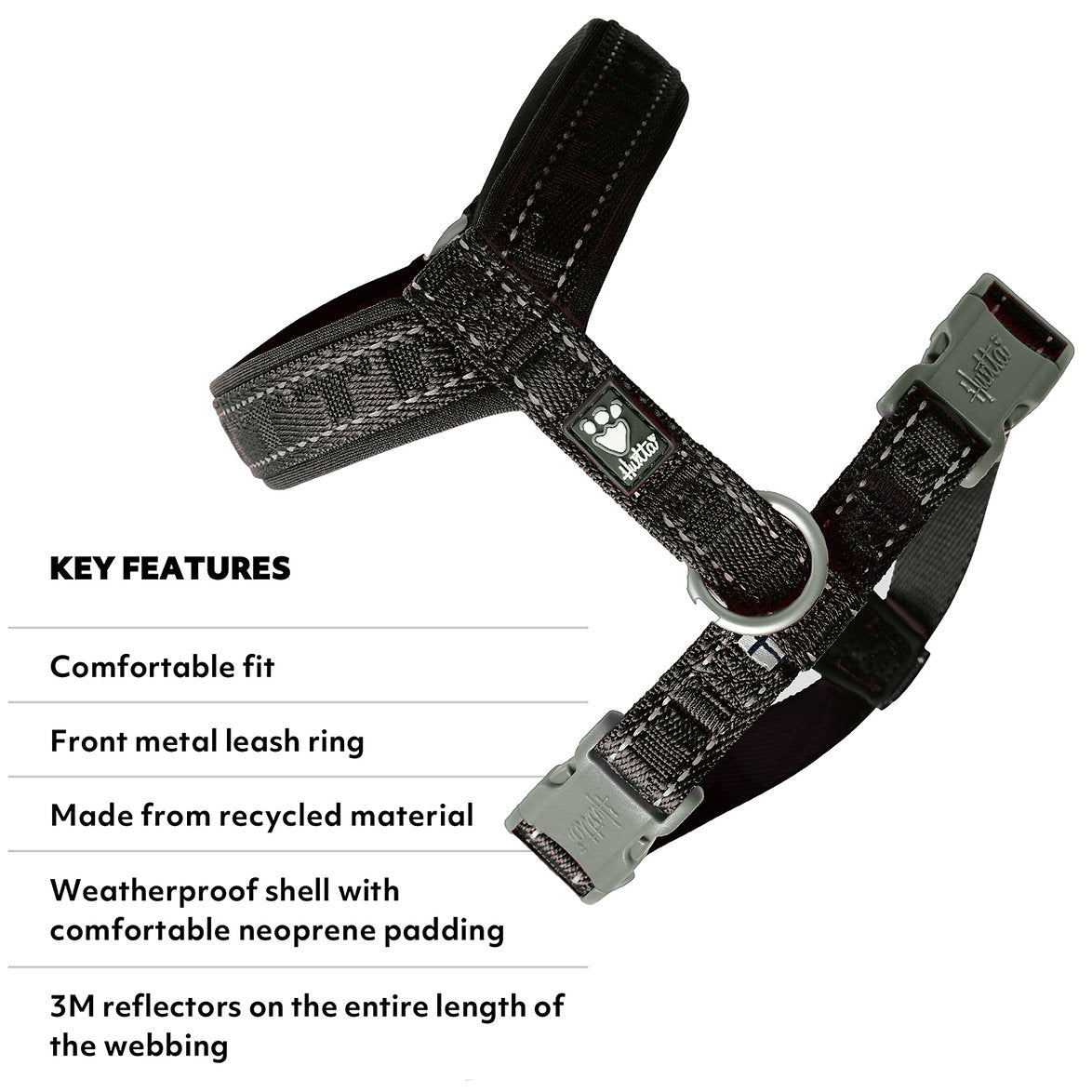 Black dog harness with key features listed on a white background