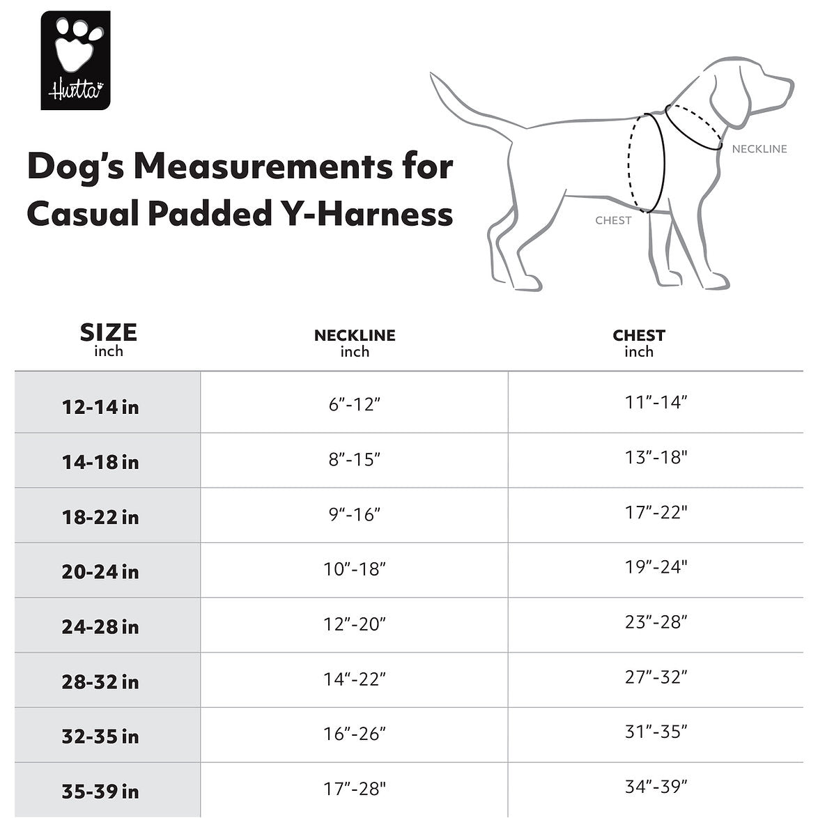 Measurement chart for a dog's casual padded Y-harness with Hartz logo.