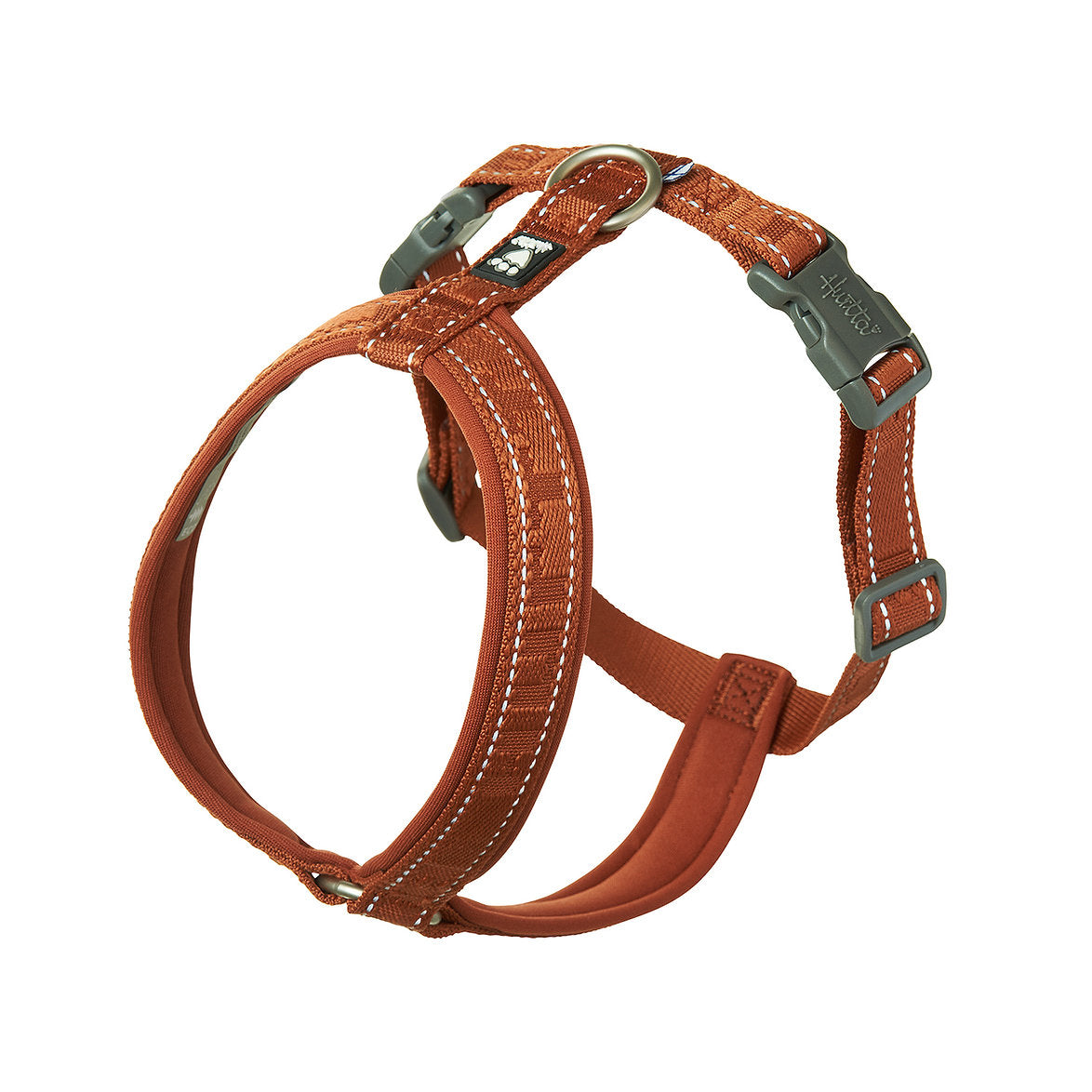 Brown dog harness with metal buckles on a white background